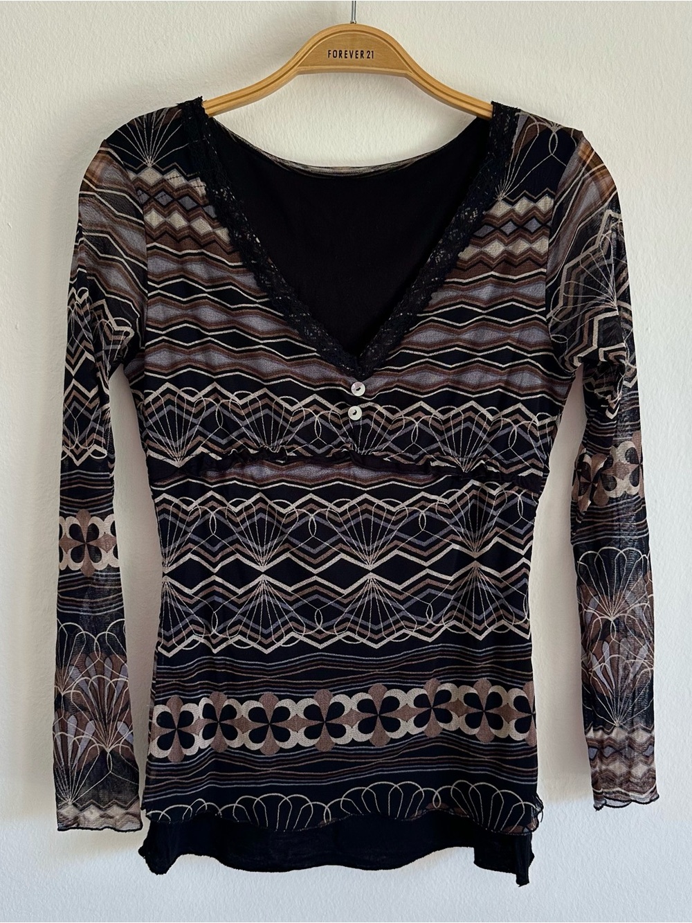 Vintage Y2K Fairy Top Mesh Striped Black Blue Floral Abstract Long Sleeve Grunge